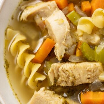 Bowl of Leftover Turkey Carcass Soup.