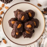 A plate of almond joy bites on the table.