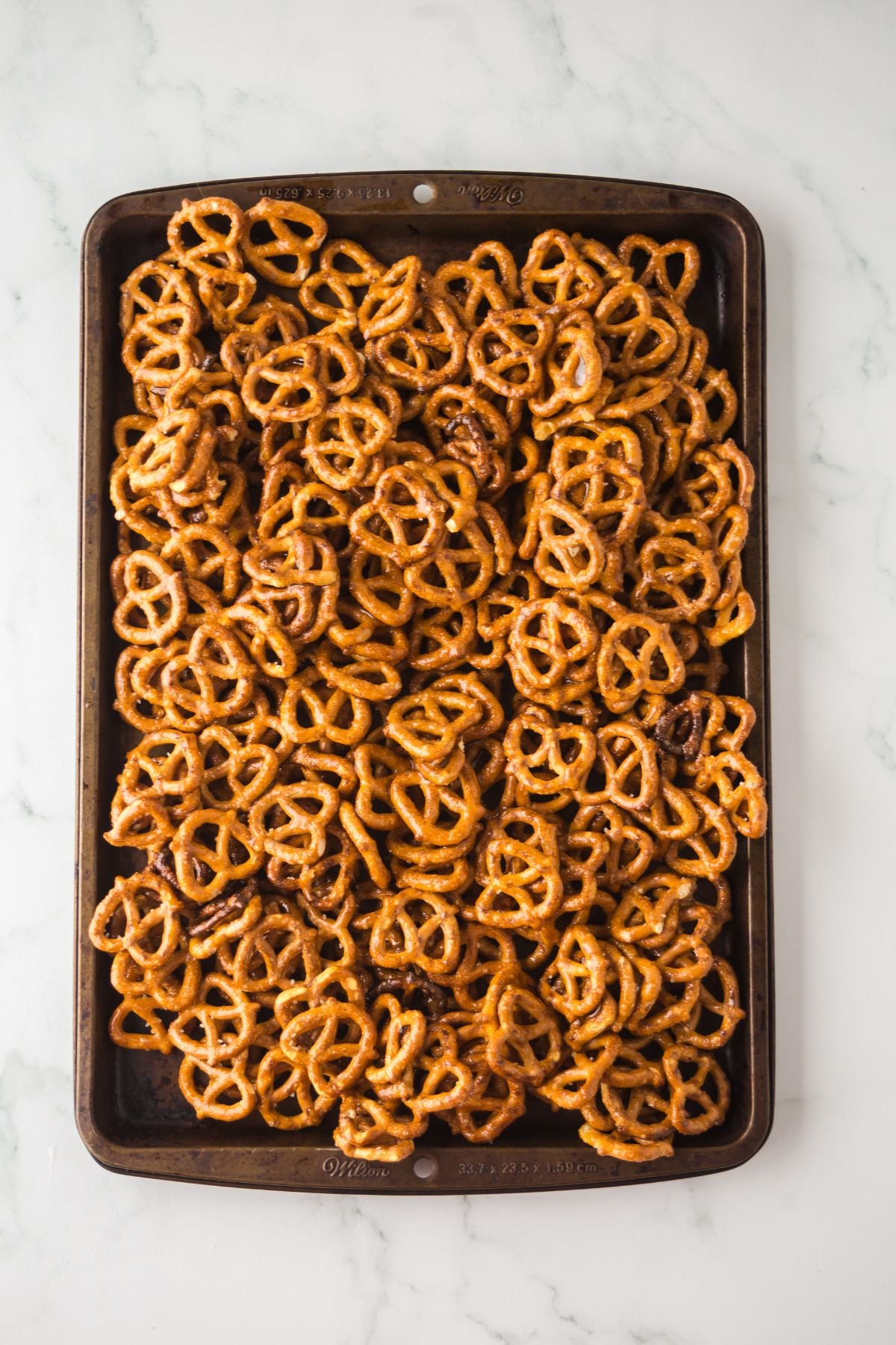 Baking the pretzels in baking sheet.
