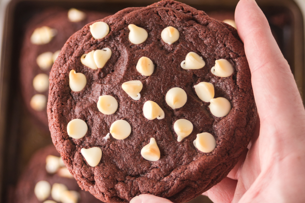 A cookie held in the air.