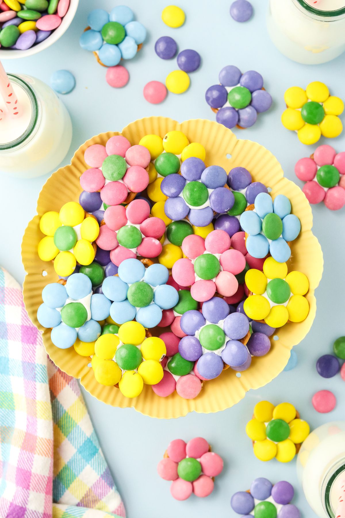 A serving plate full of pretzel flowers.