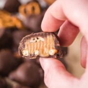 Pretzel turtles with a hand holding half of one.