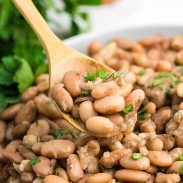 A spoon scooping up some crock pot pinto beans.