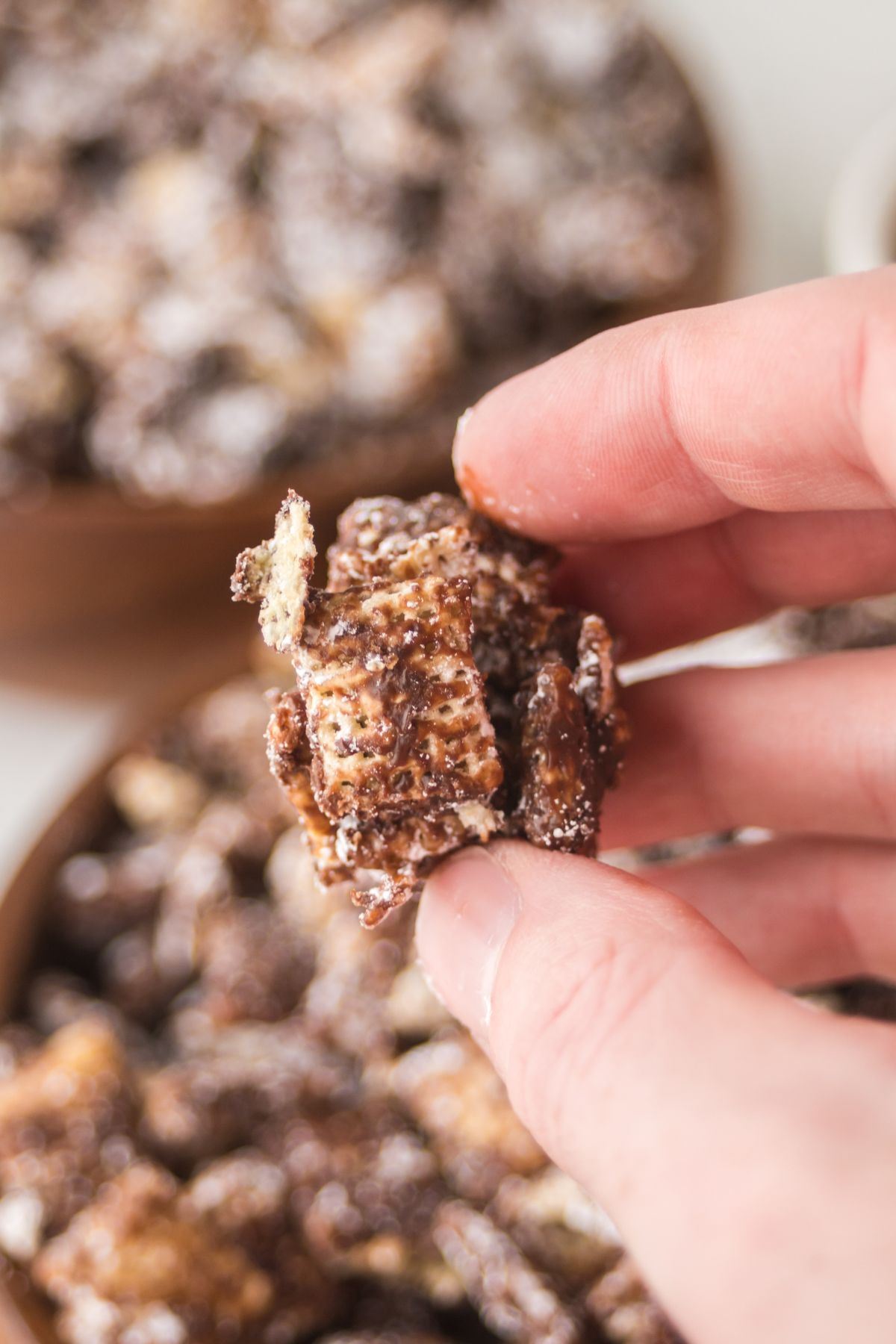 A piece of puppy chow held in the air.