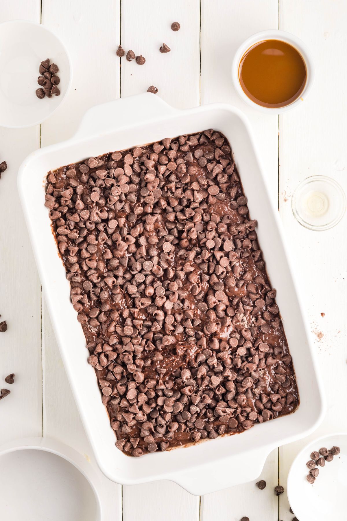 Chocolate chips sprinkled evenly on top of the pudding cake.