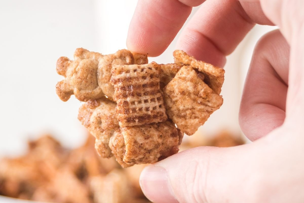 A hand holding a piece of snack mix.