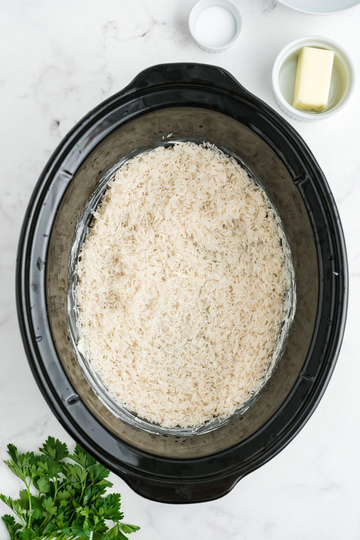 Rice and water in the crockpot.
