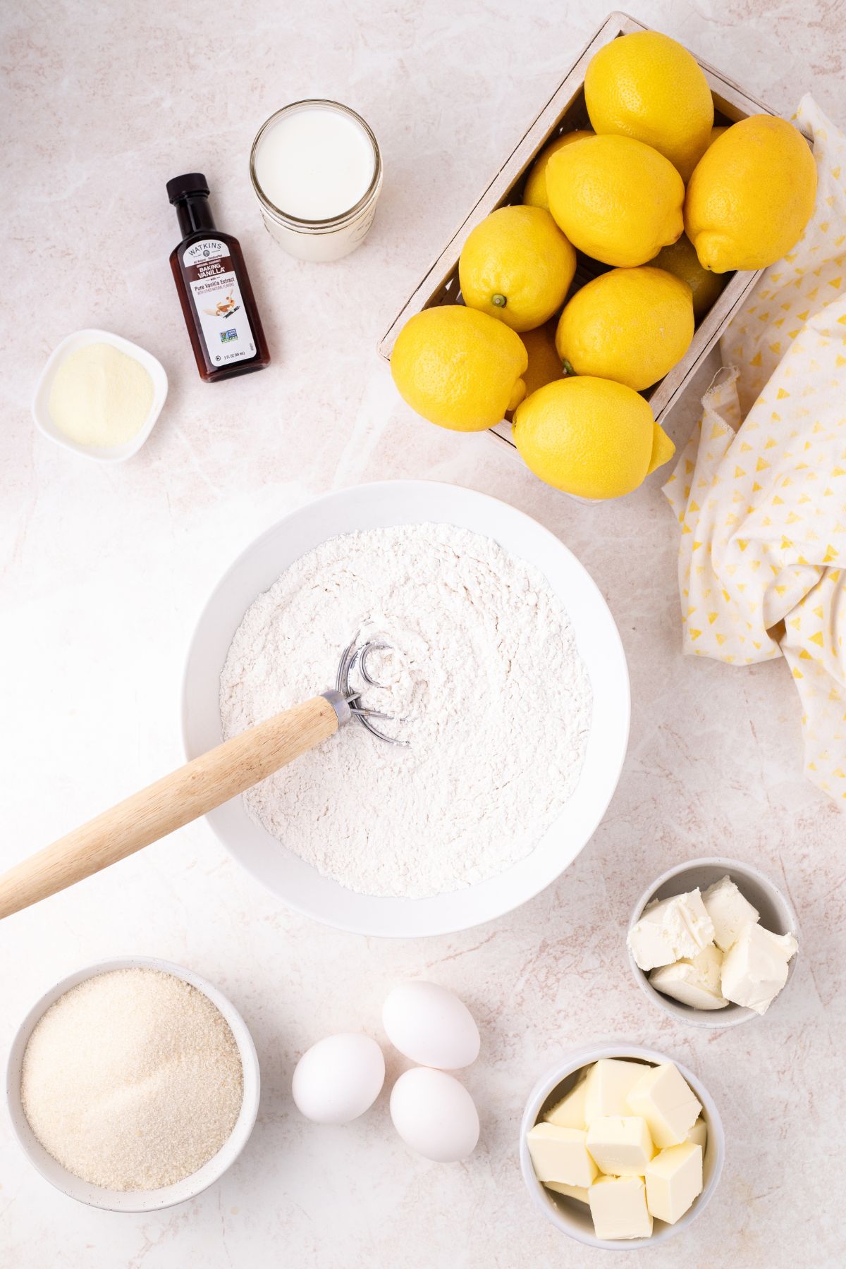 Flour, baking powder, baking soda, and salt in a large mixing bowl.