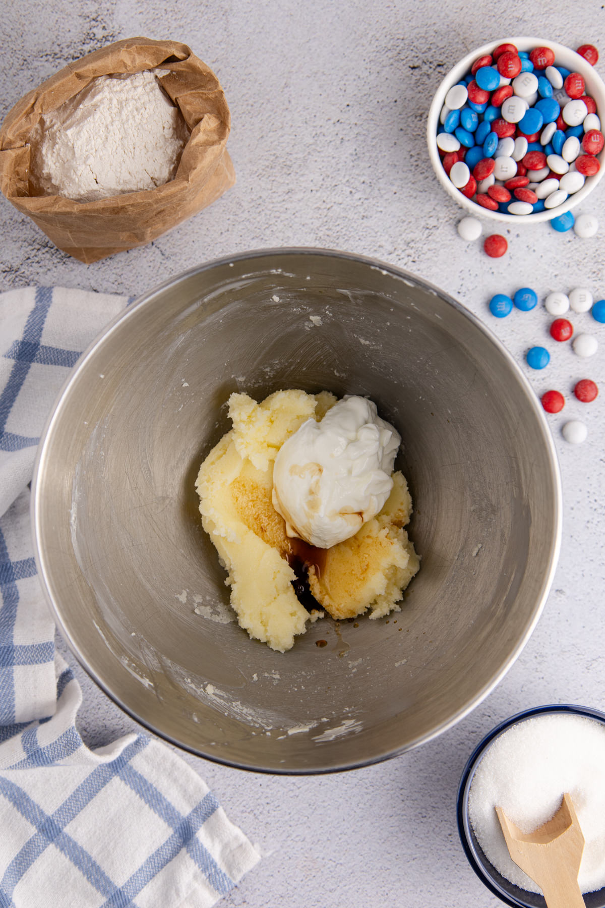 Greek yogurt and vanilla extract mixed into the butter mixture.