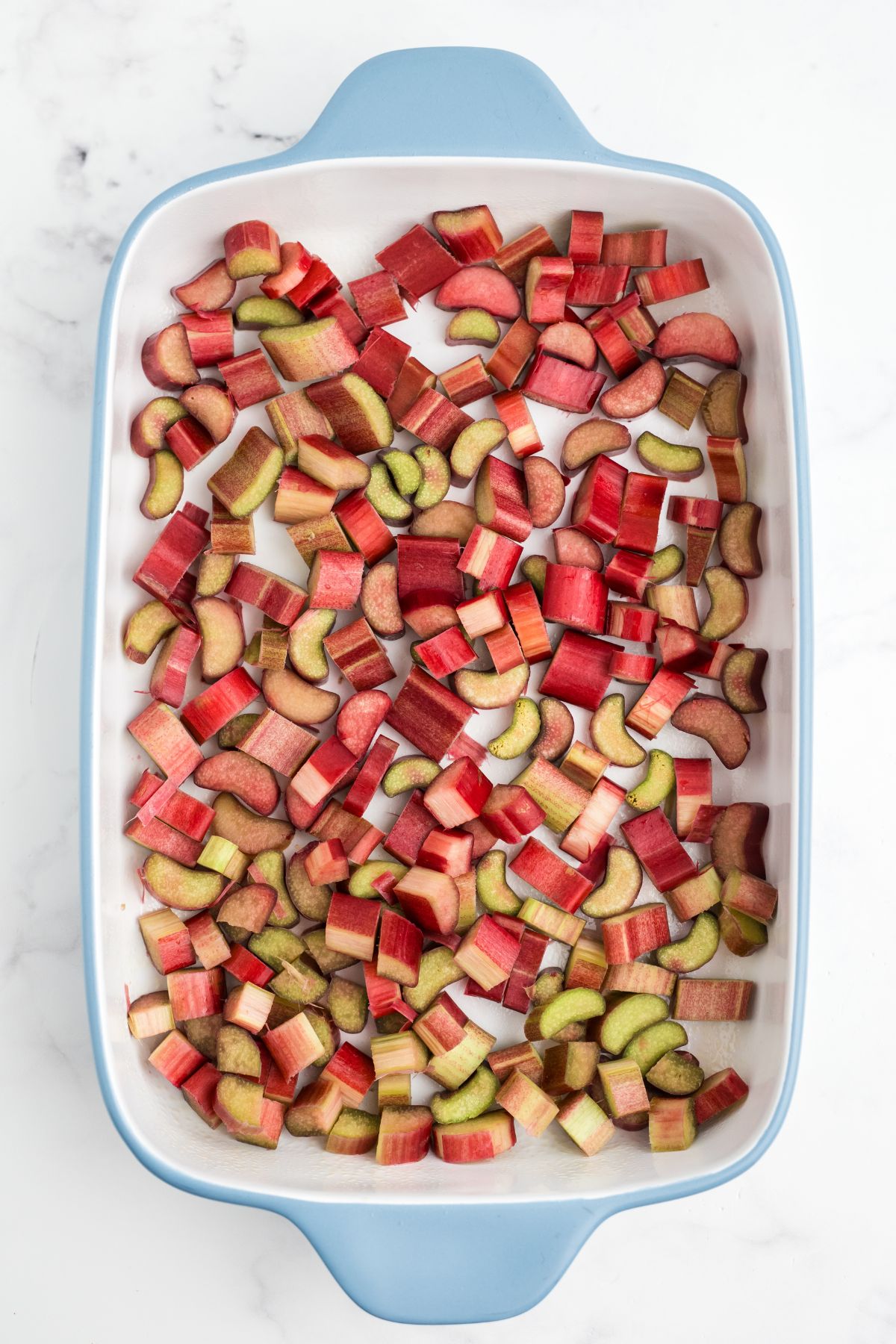 A layer of rhubarb at the bottom of a baking dish.