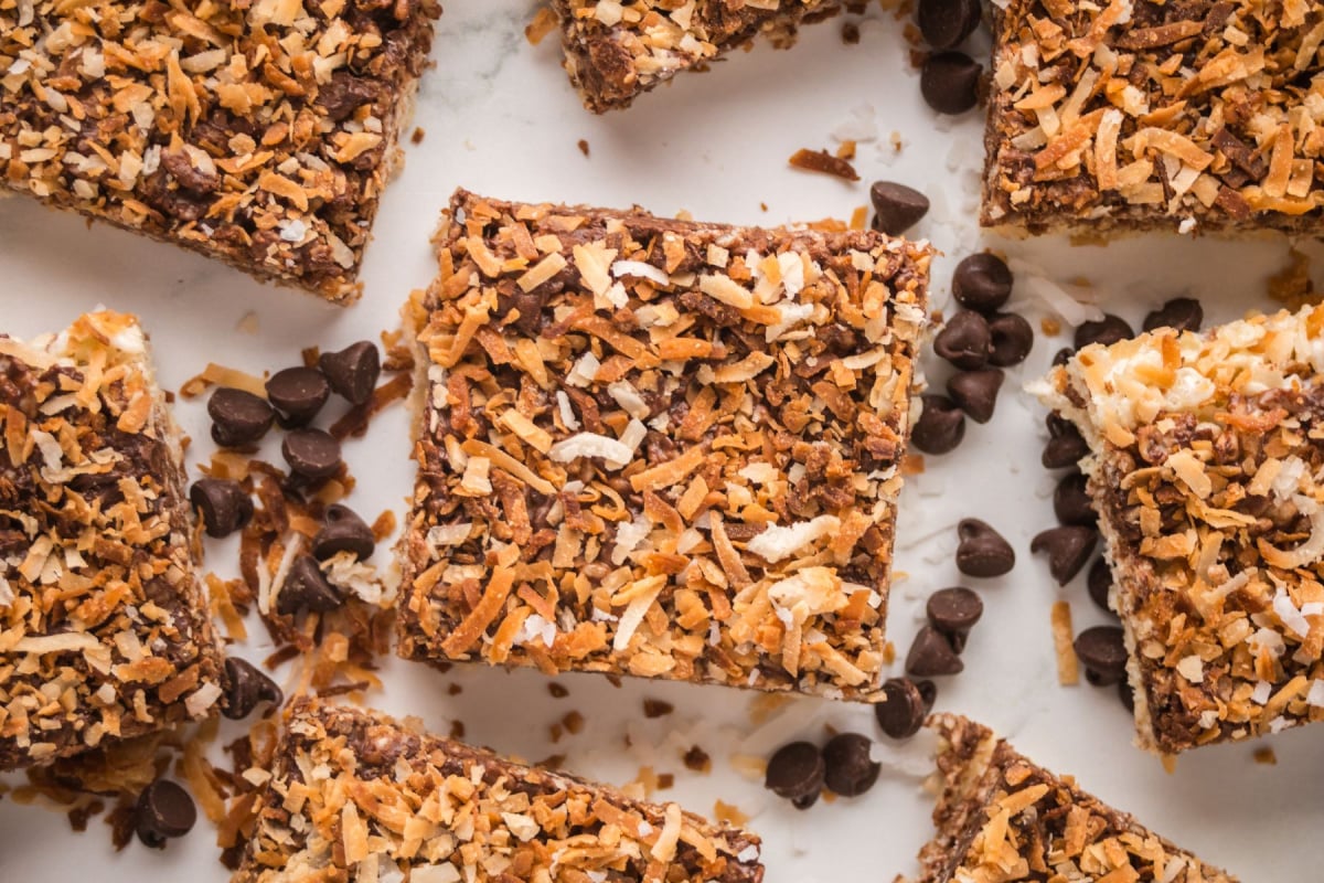 Squares on the counter with some chocolate chips.