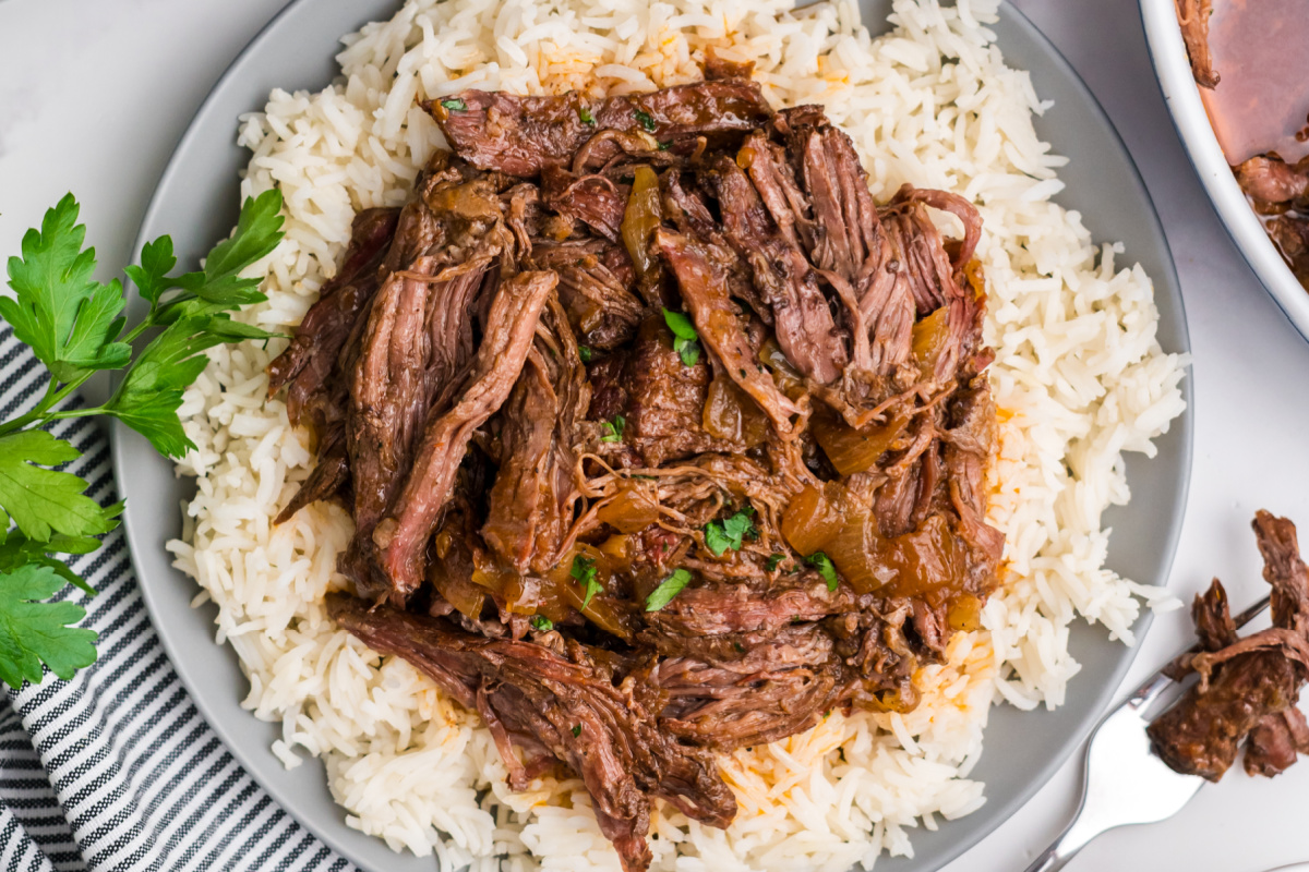 A plate of rice covered in shredded skirt steak.