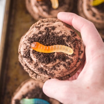 Dirt cake cookie with a worm in the center held up by a hand.