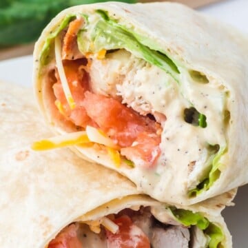 A wrap cut in half leaning on each other.