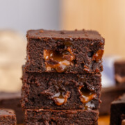 Rolo brownies stacked on top of each other.