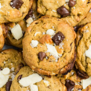 A stack of banana bread cookies with chocolate chips.