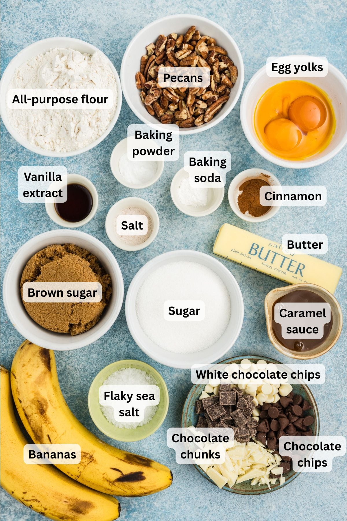 Ingredients to make these banana bread cookies in bowls on a table.