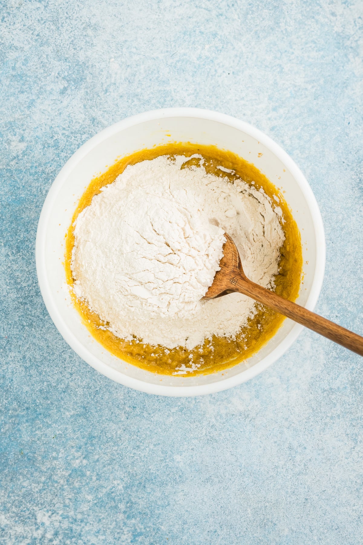Dry ingredients poured into the mixture.