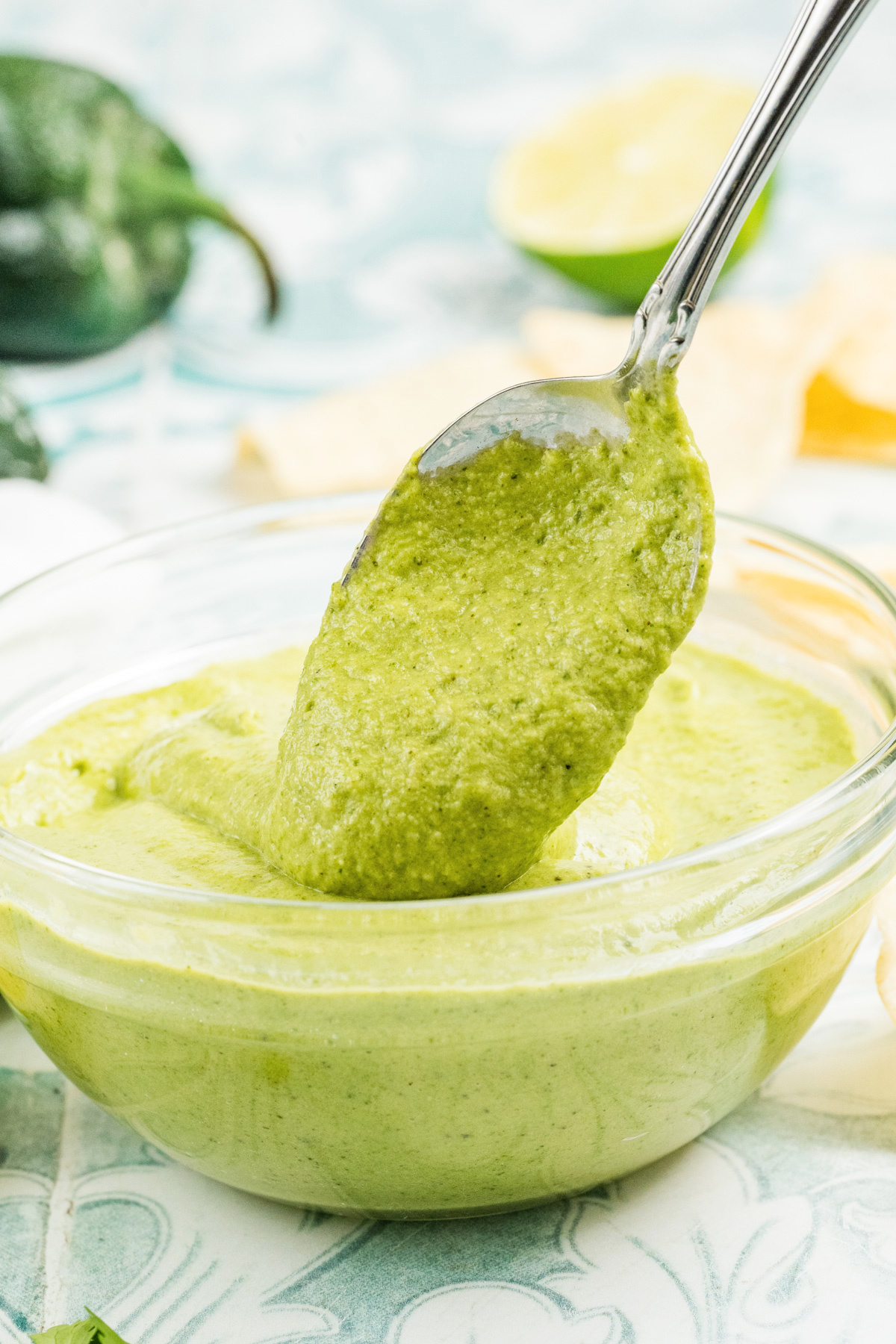 A spoonful of sauce lifting out of a bowlful.