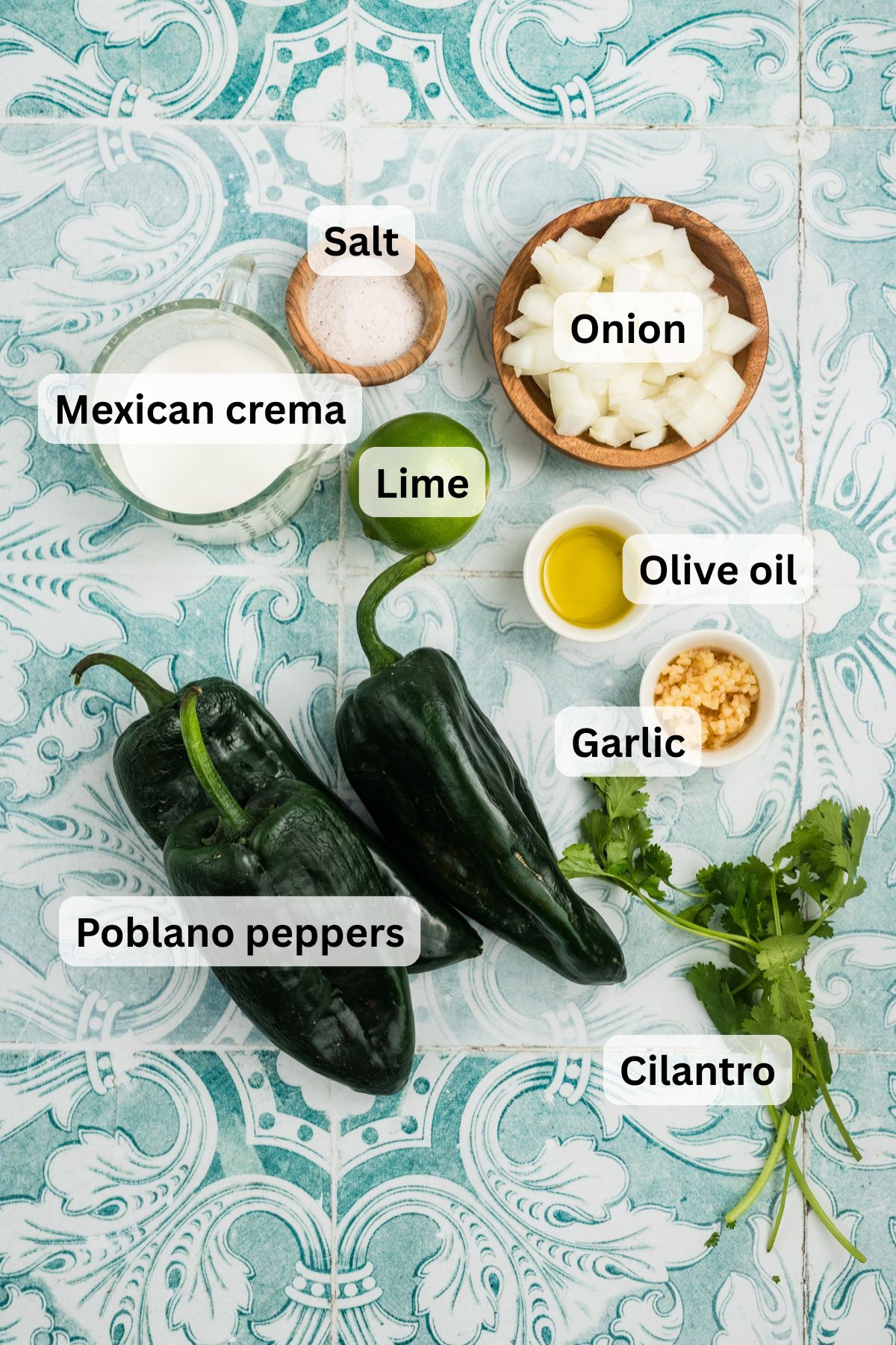 All of the ingredients needed to make our creamy poblano sauce on a table.