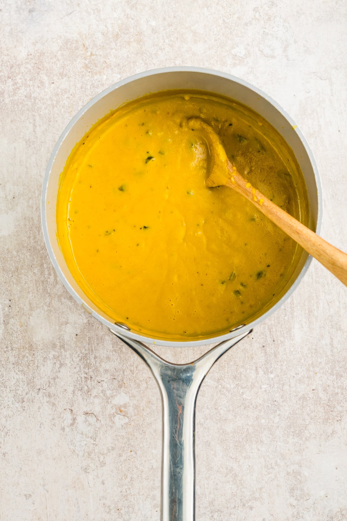 All of the ingredients bleded until smooth in the saucepan with a wooden spoon.