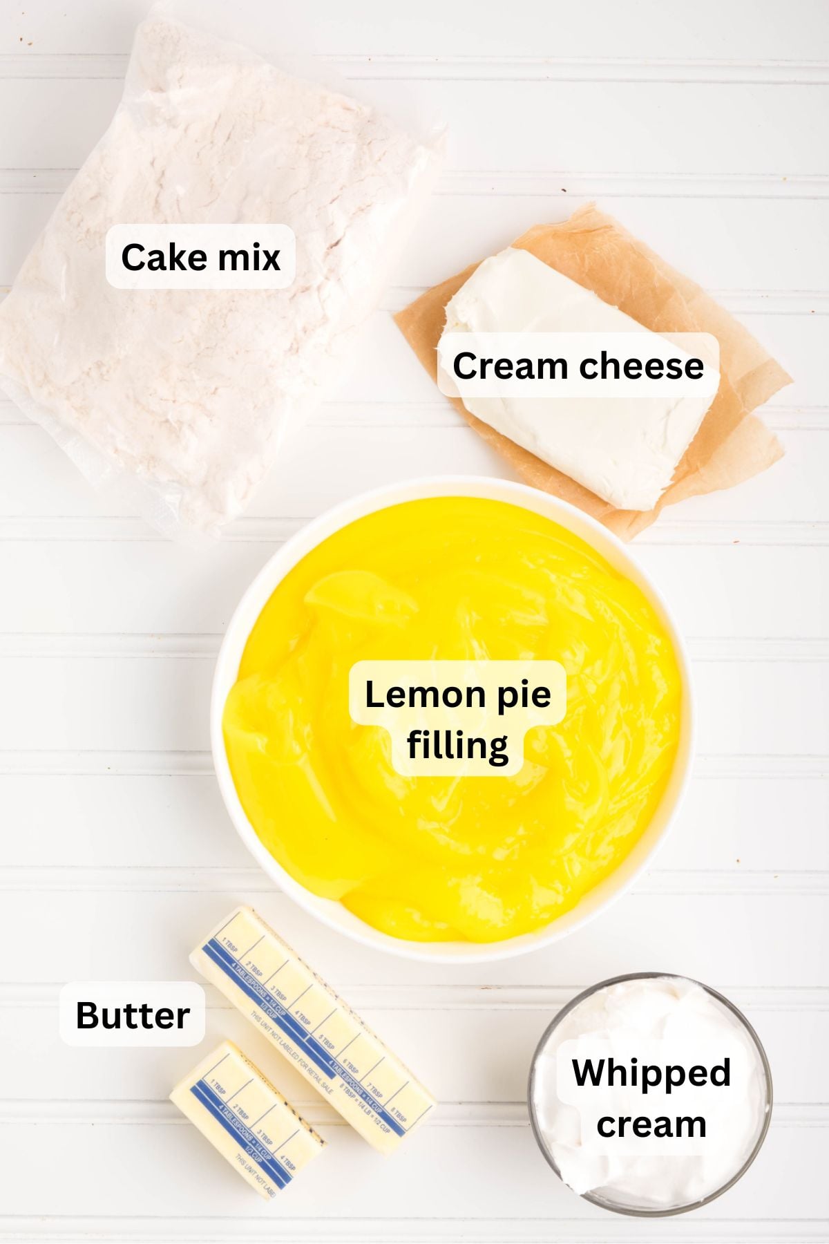 Ingredients to make this cake on a table.