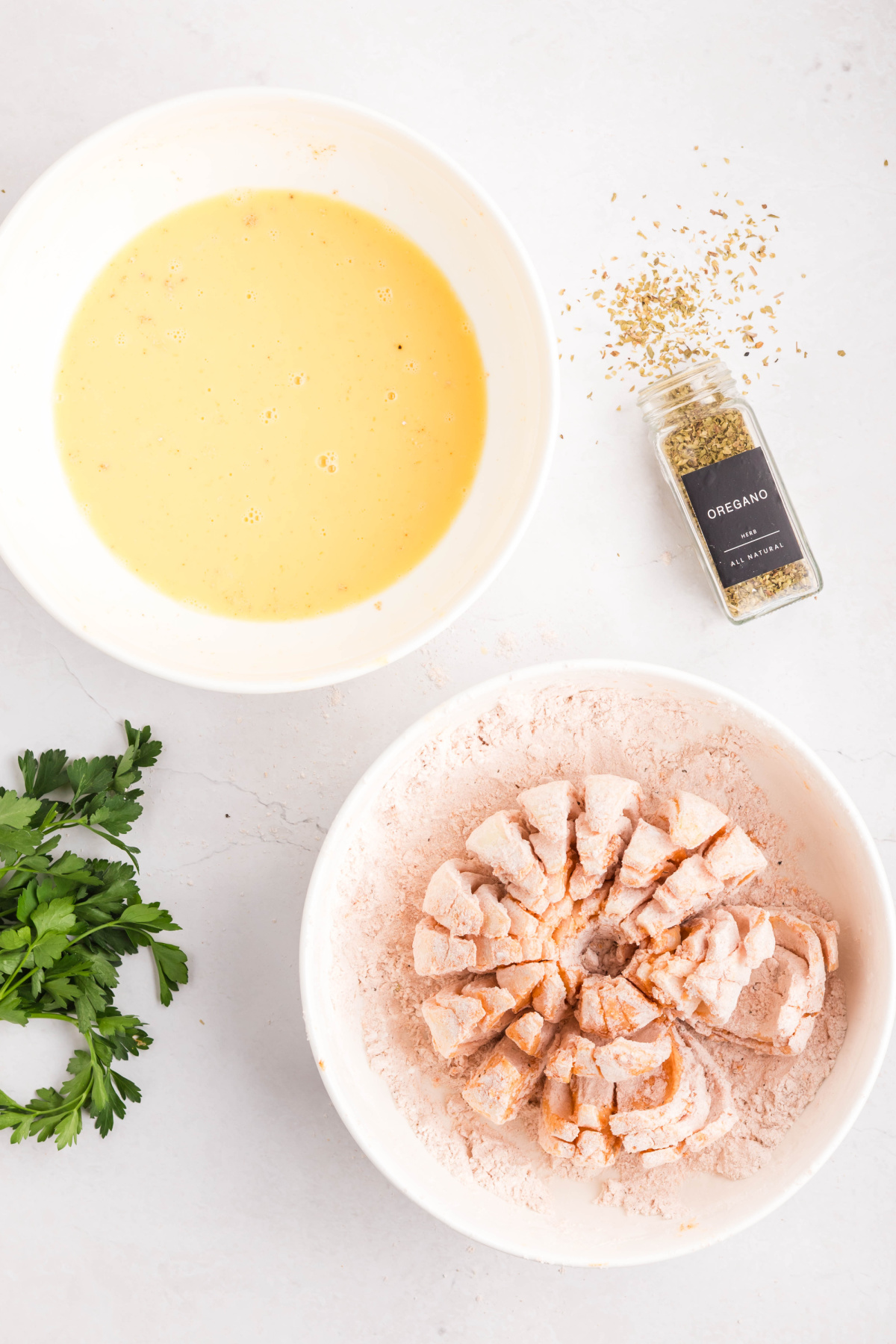 Onion dipped in the flour mixture.