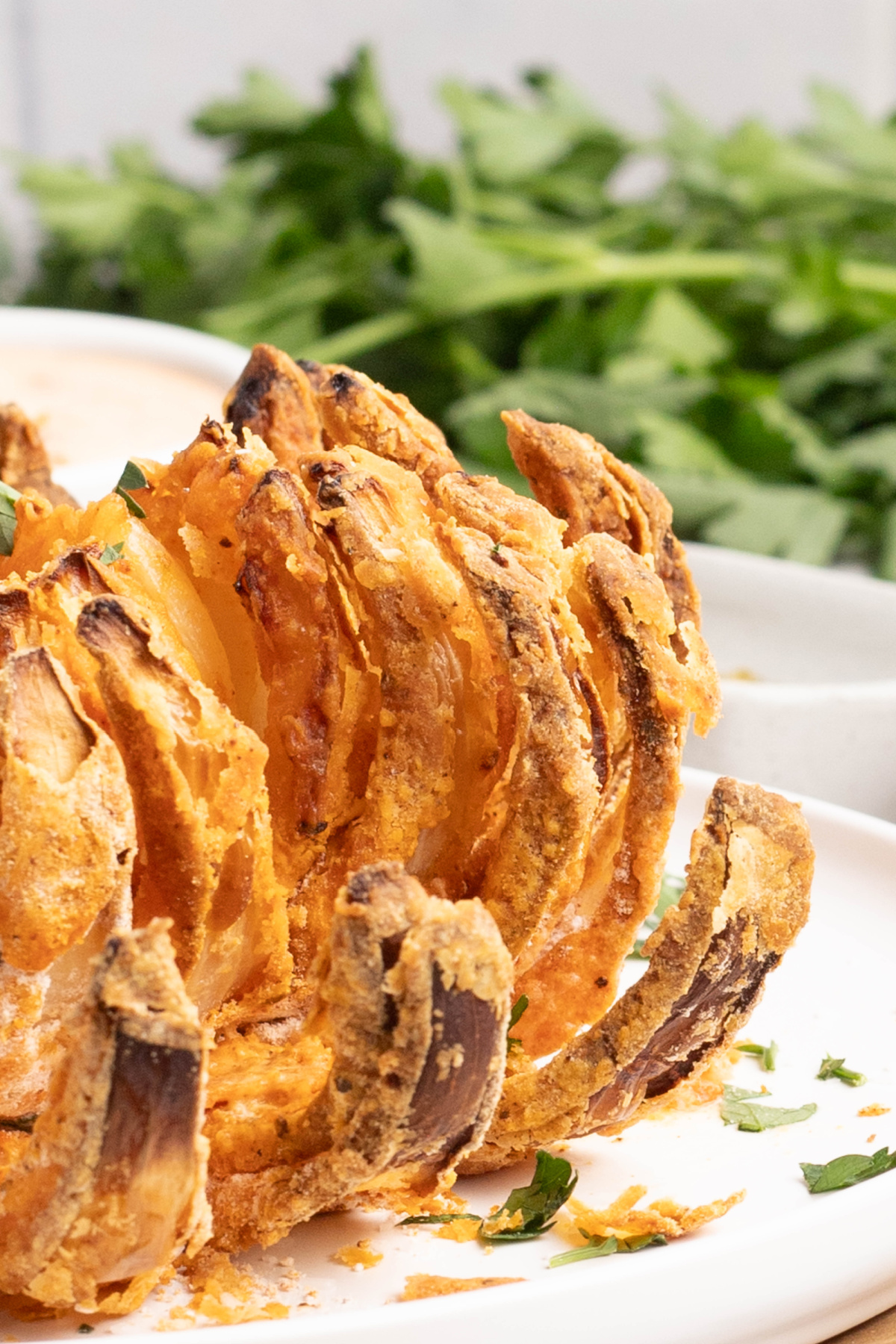 A blooming onion on a plate.