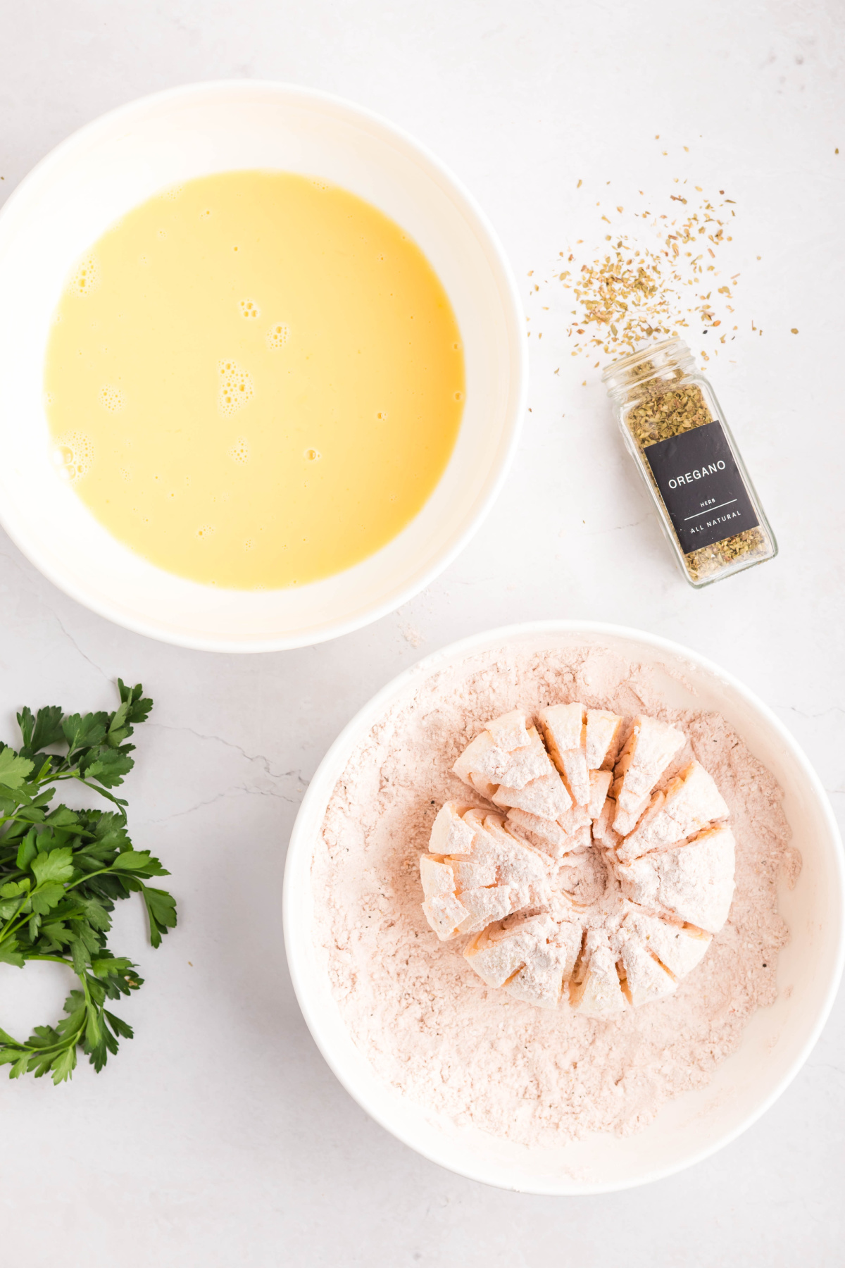 Onion dipped in the egg mixture.