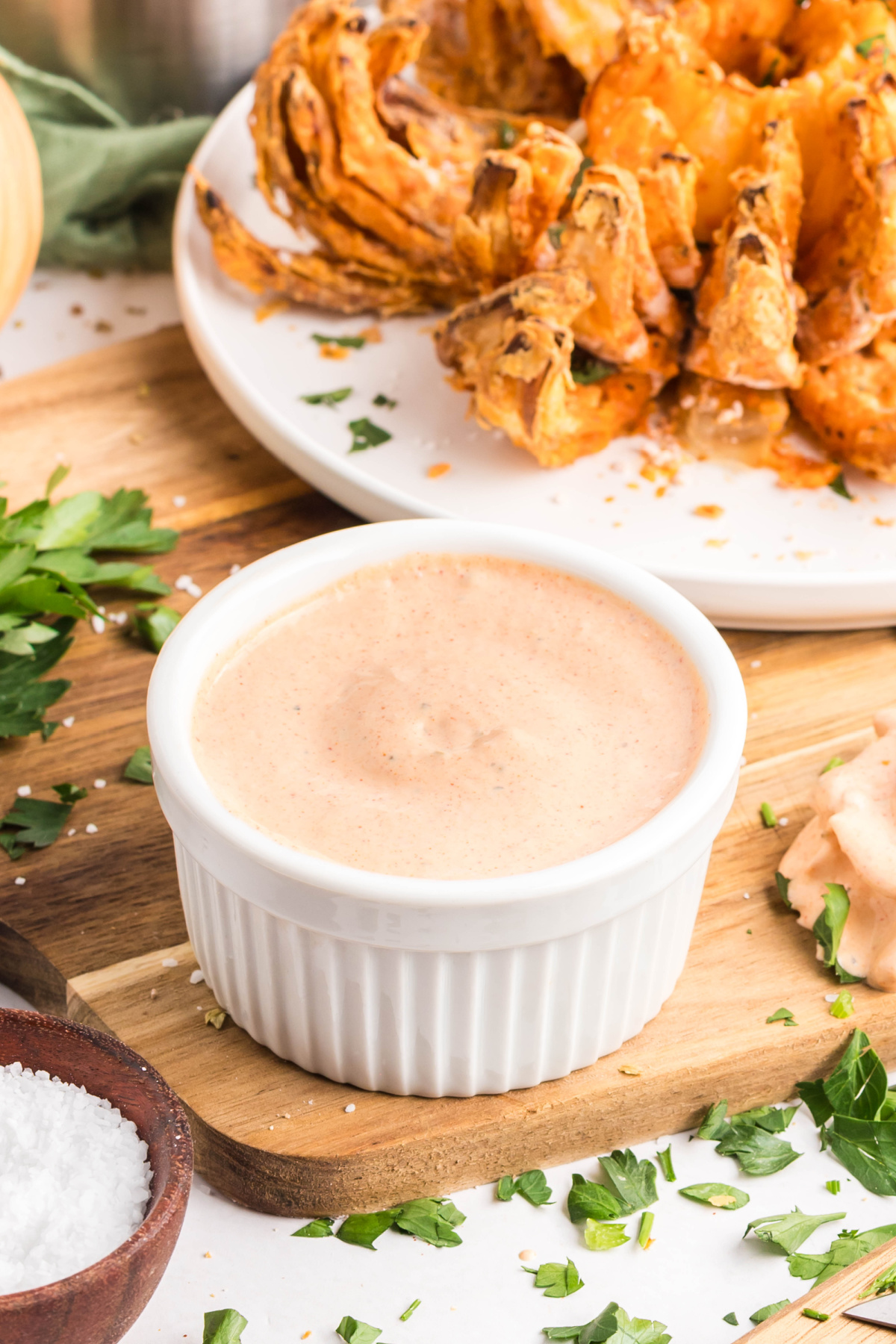 Dipping sauce in a ramekin.