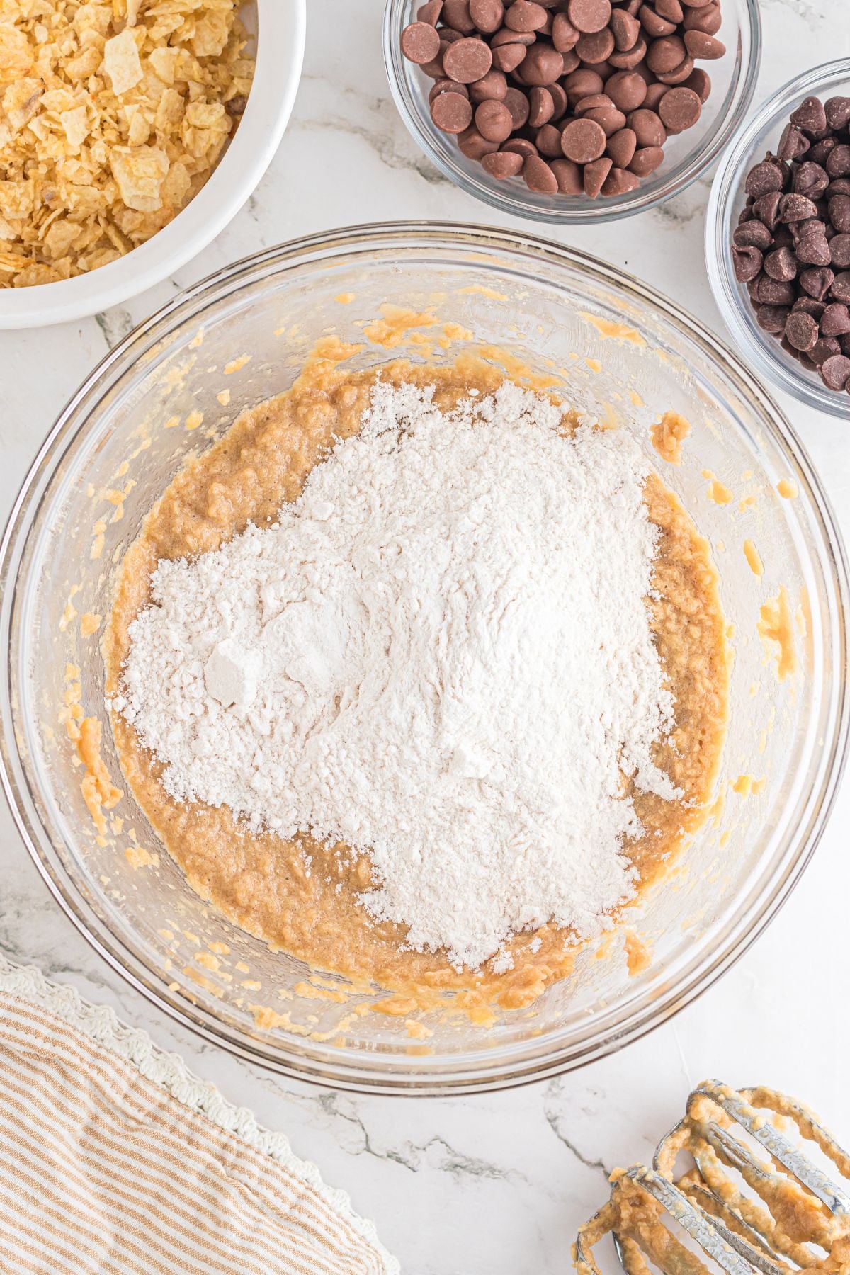 Dry ingredients added into the wet.