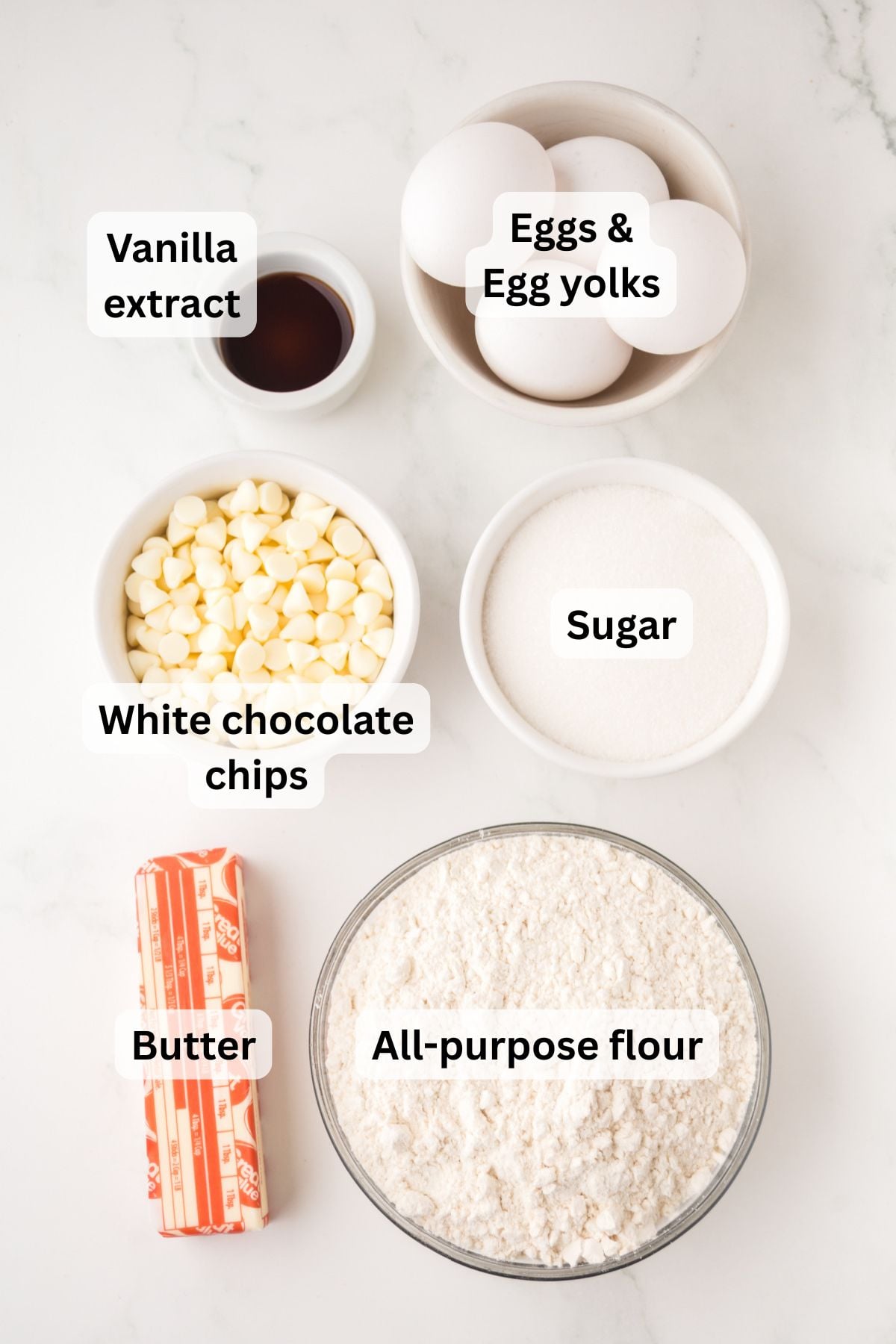 Ingredients to make these white brownies on a table.