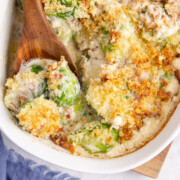 Brussels sprouts casserole in a serving dish.