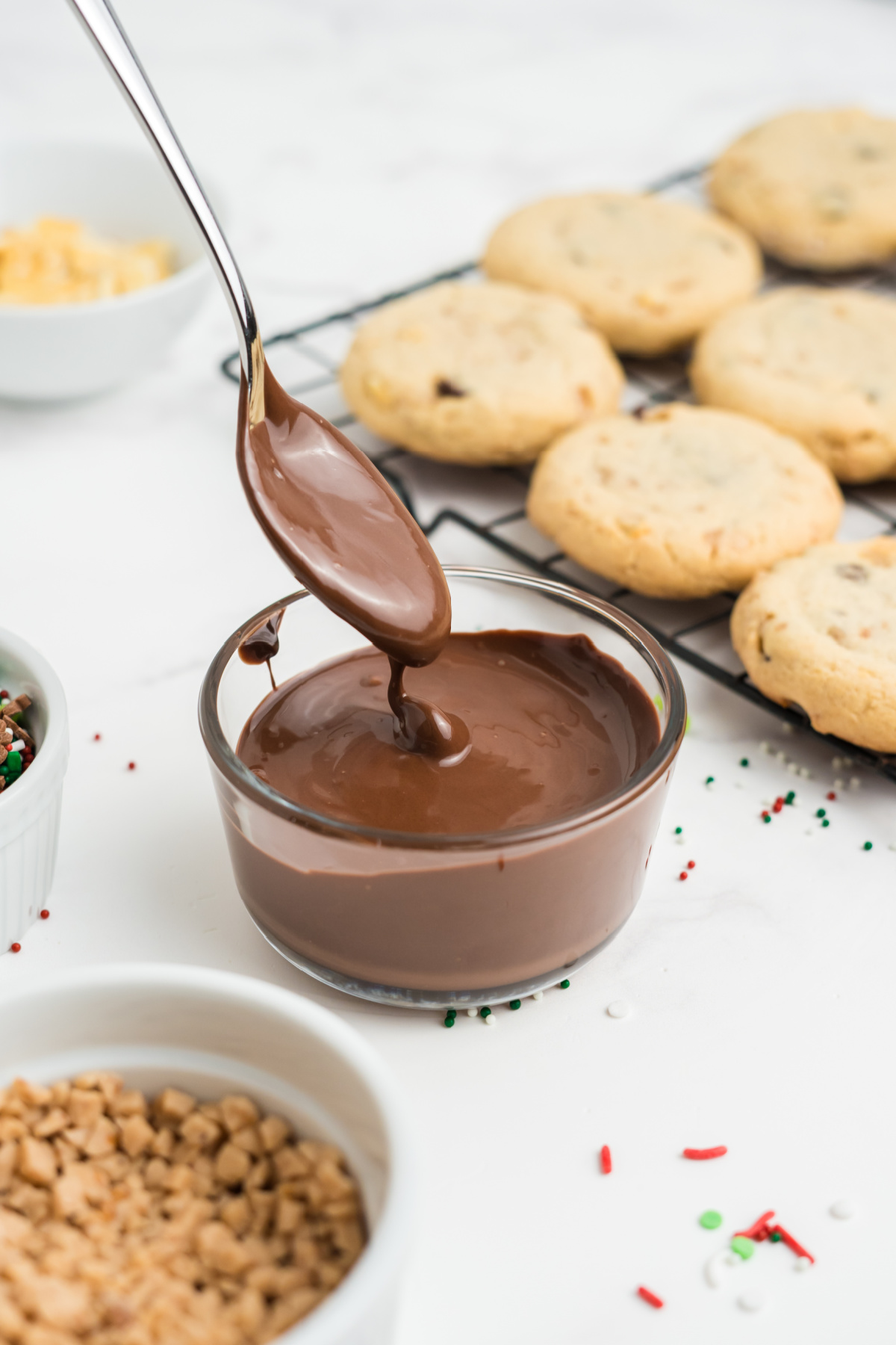 Chocolate chips melted into a bowl.