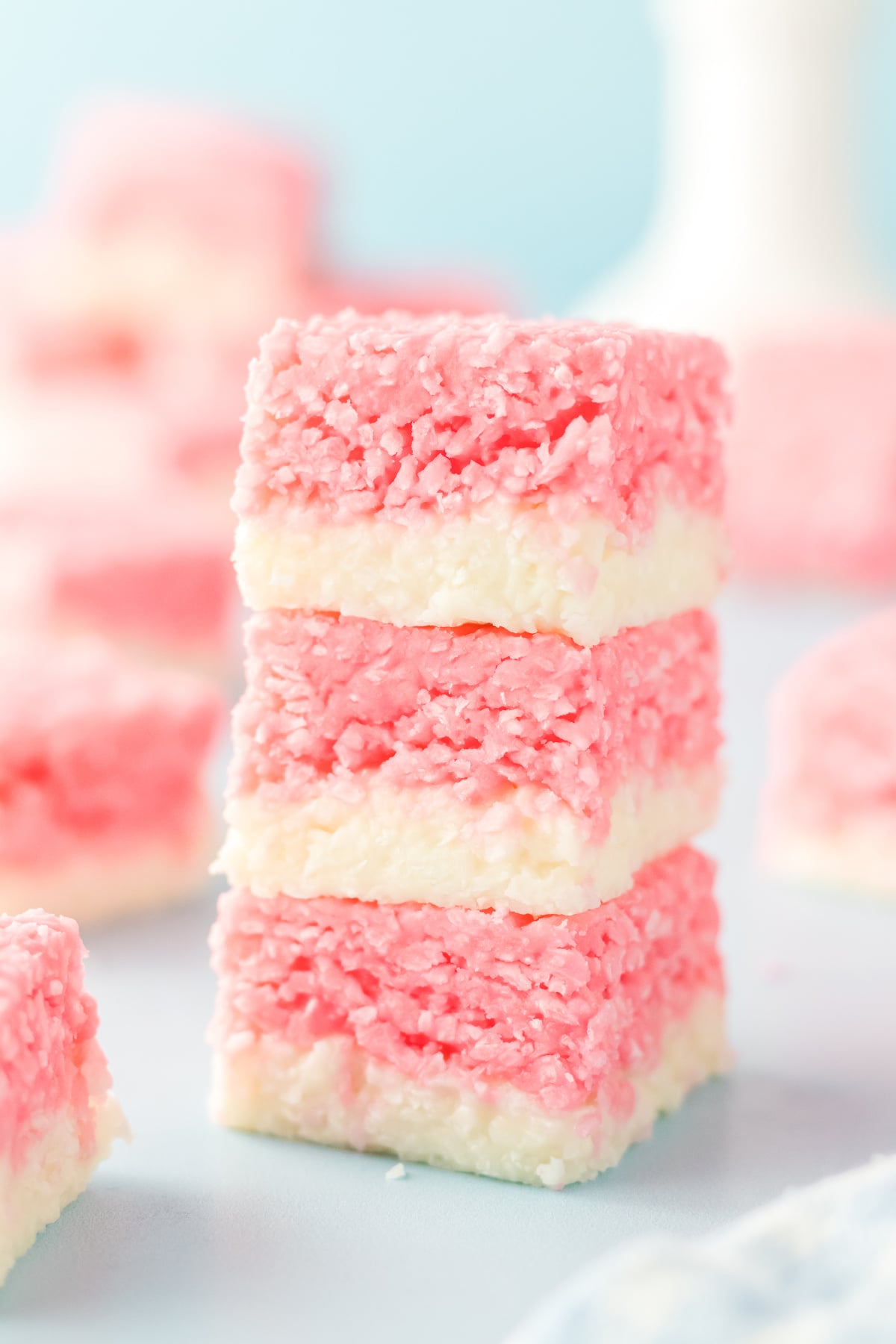 A stack of coconut candy on a table.