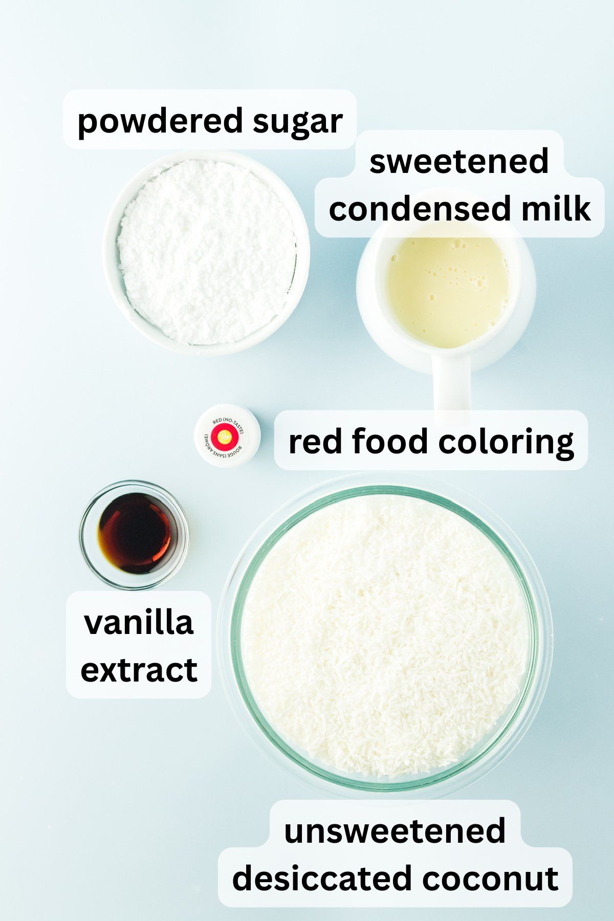 Ingredients to make this candy in bowls on a table.