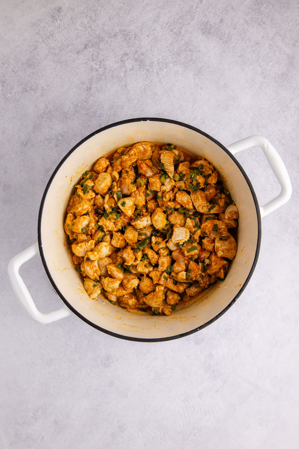 Chicken, ginger, garlic, curry paste, and green onions mixed in the pot.