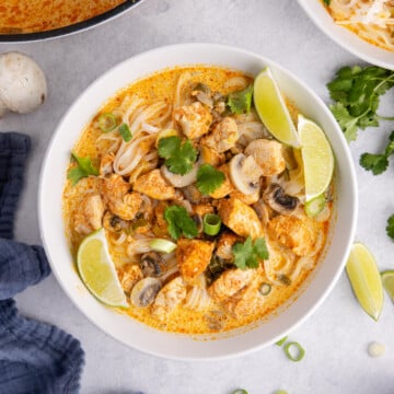 Coconut curry chicken soup in a bowl.