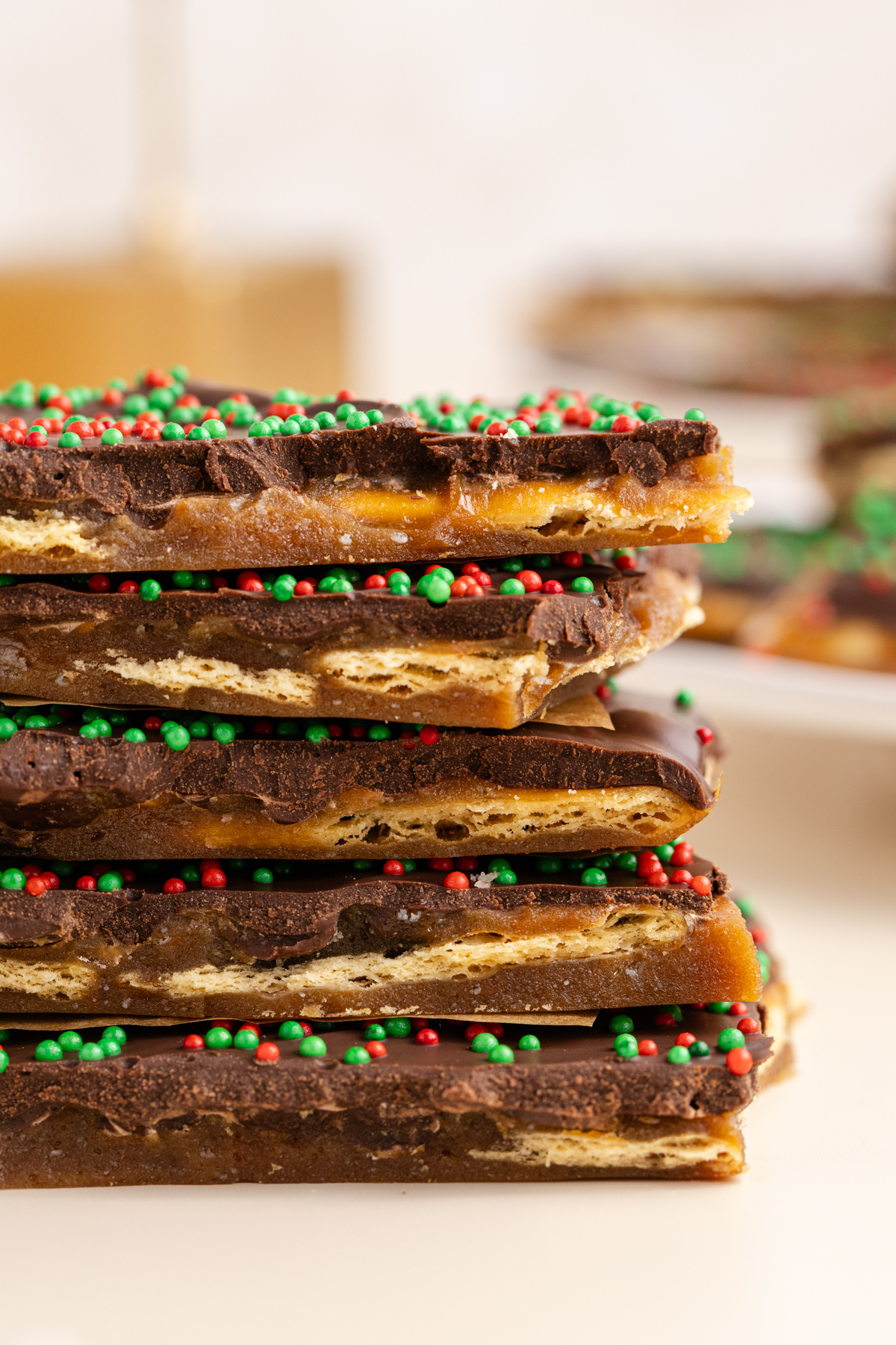 A stack of Christmas crack on the counter