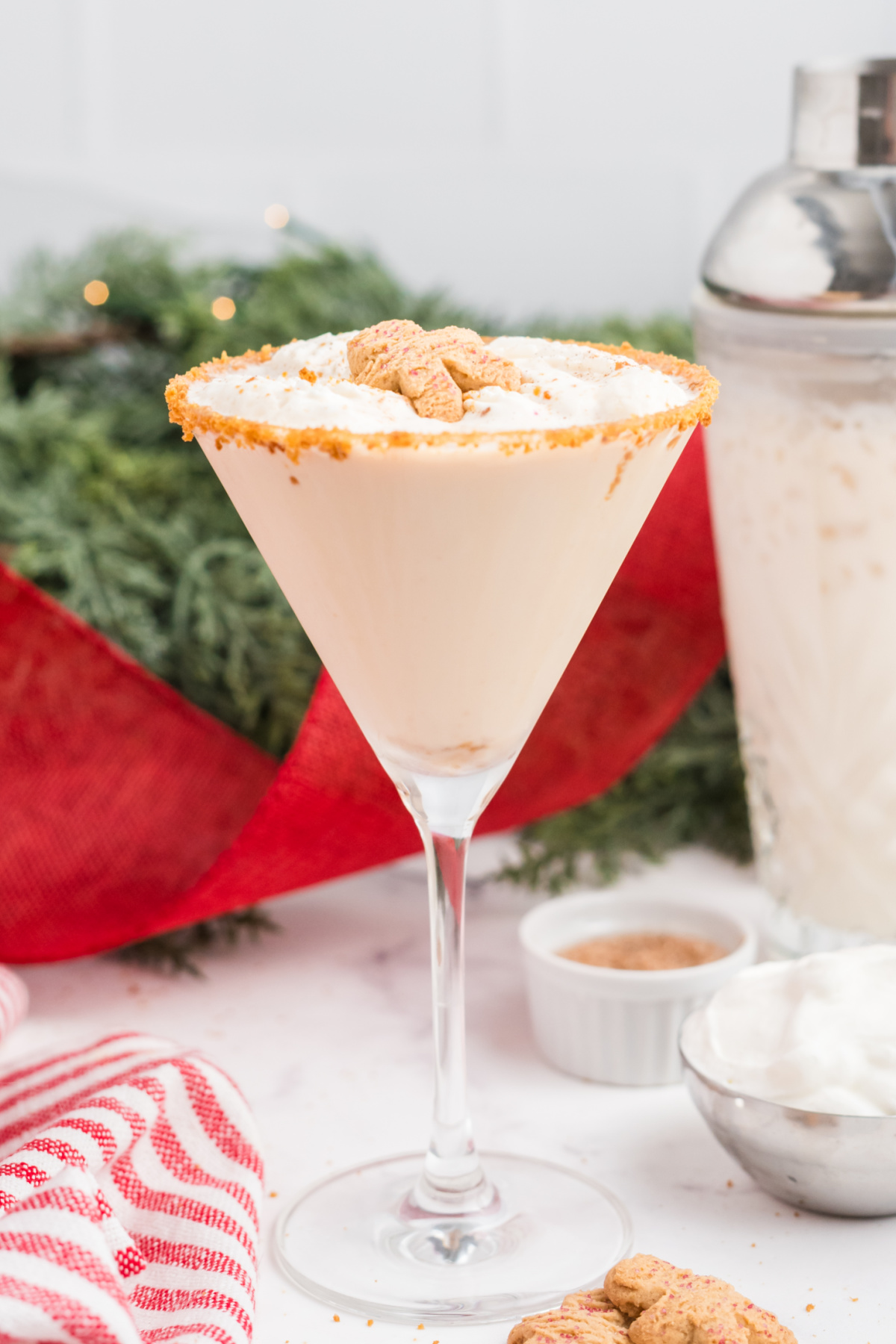 A martini glass filled with liquor and gingerbread syrup.