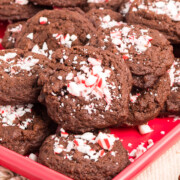 Peppermint chocolate cookies on a baking sheet.