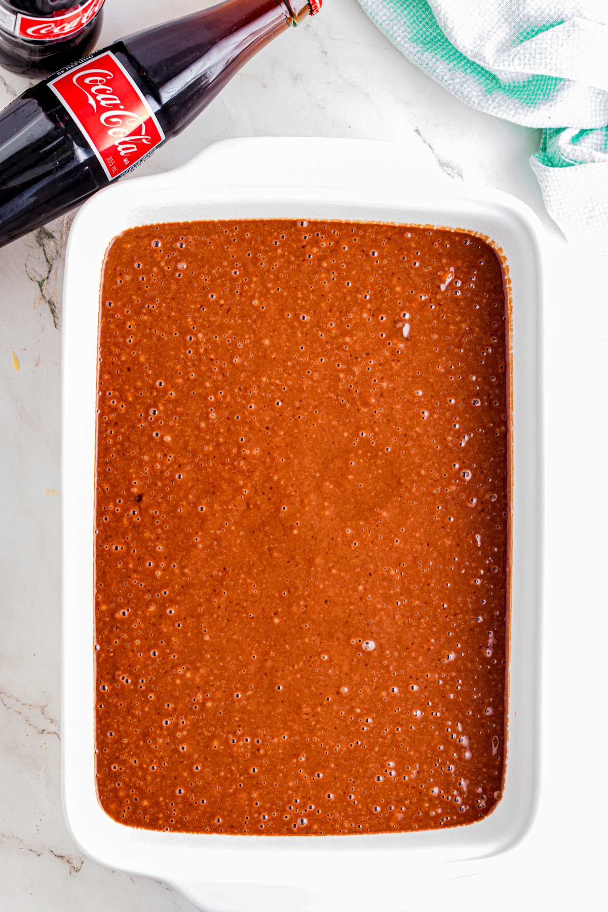 Prepared batter poured into the baking dish.