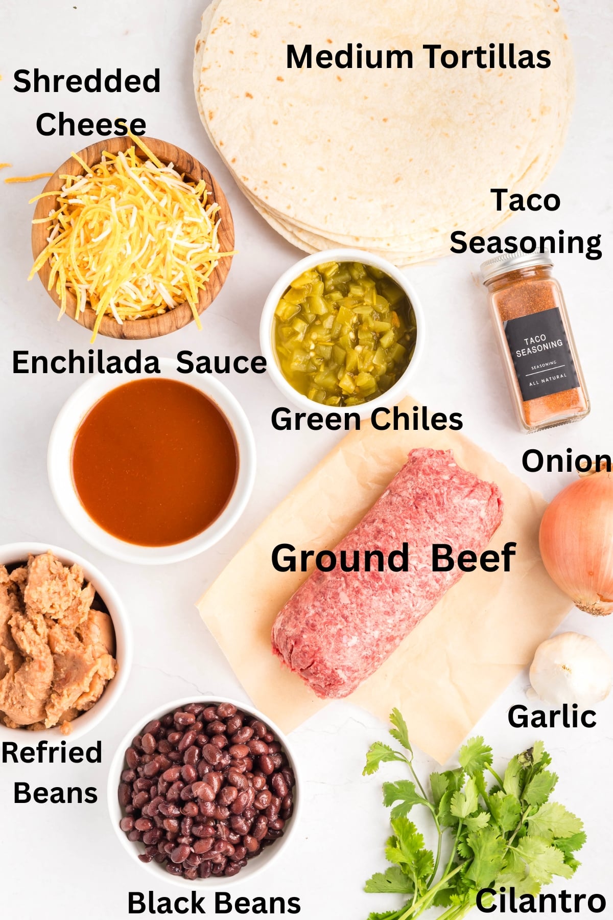 Ingredients to make these enchiladas on a table.