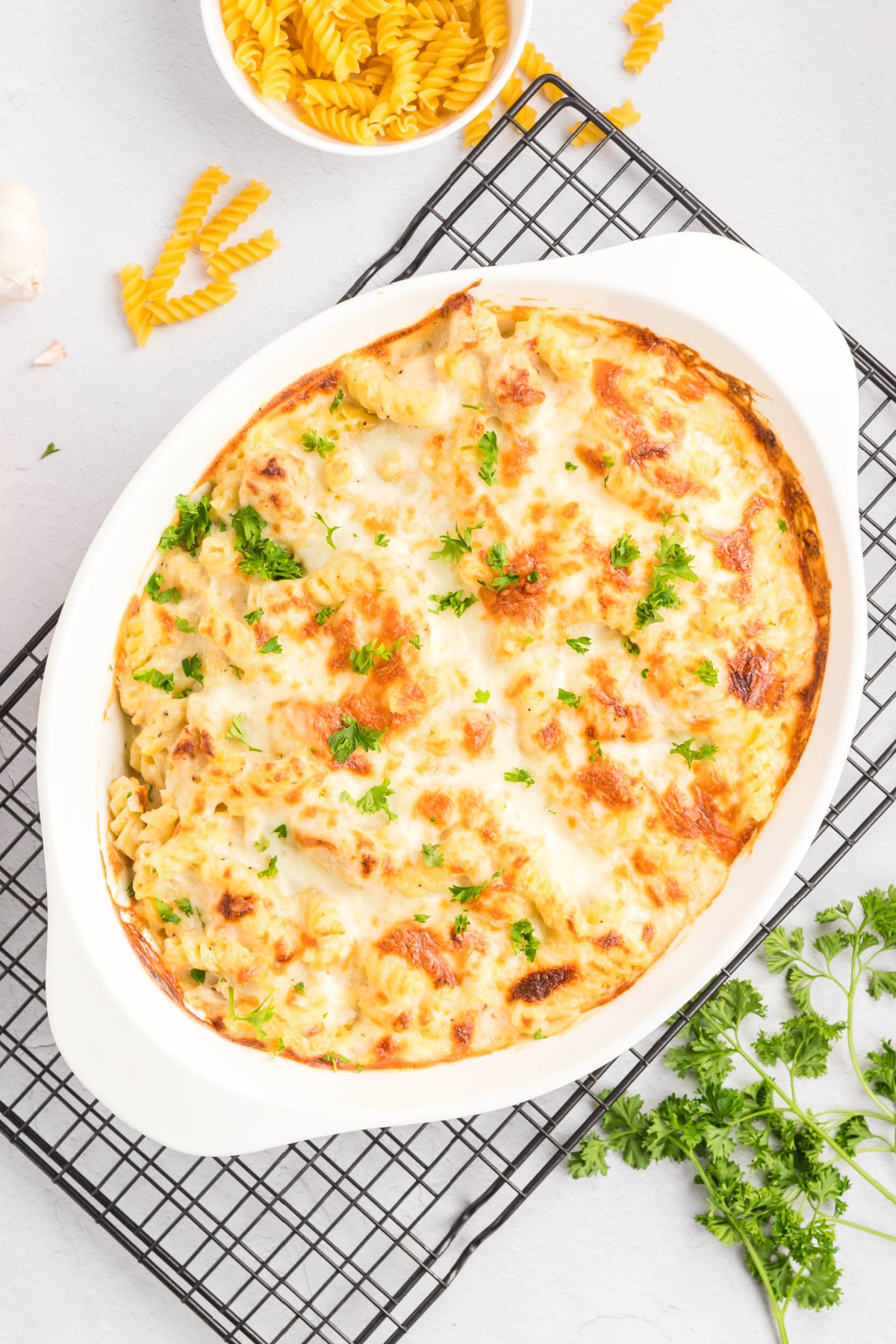 The alfredo bake cooked in the oven and cooling.