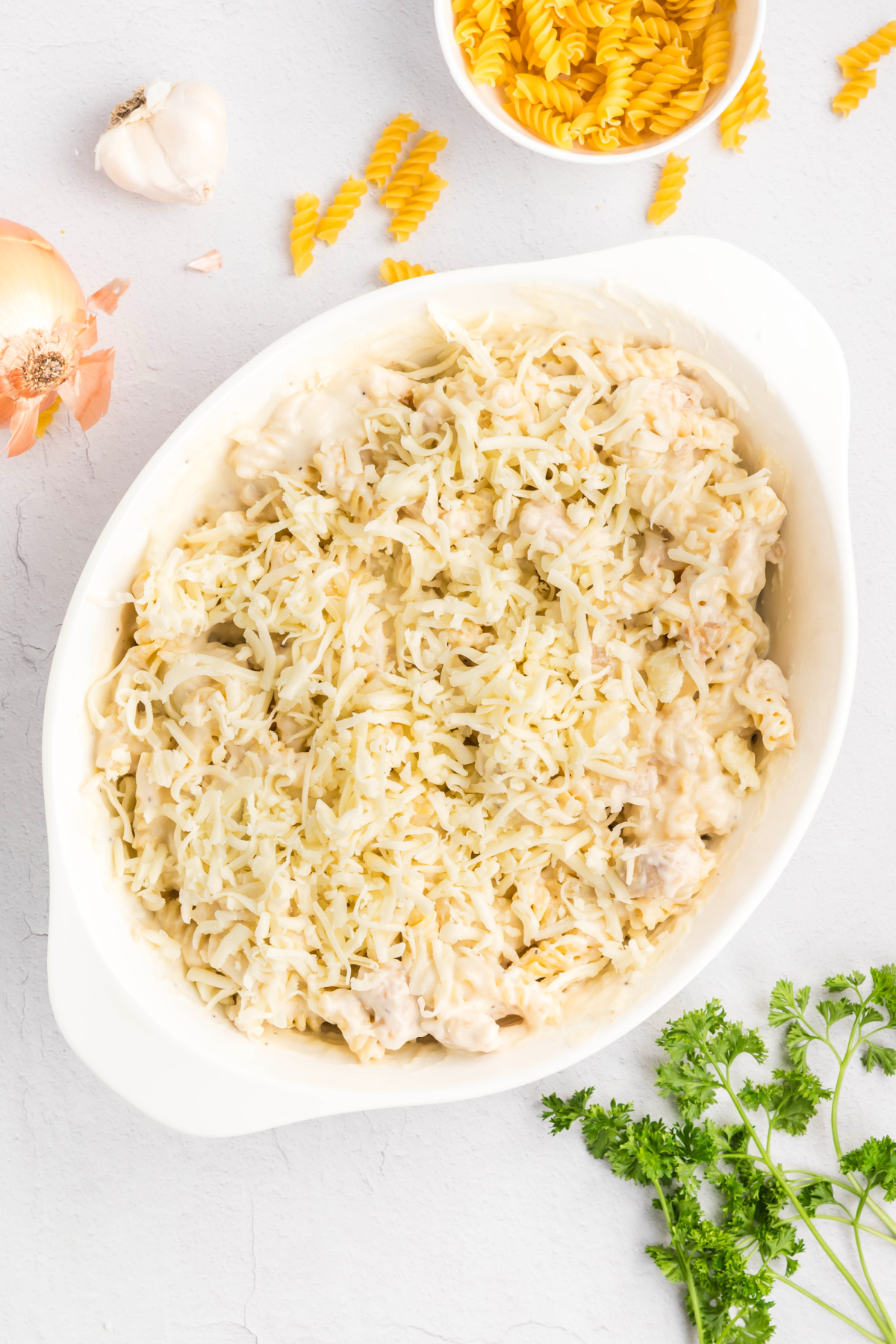 All of the ingredients poured into a casserole dish.