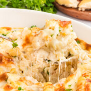 Chicken alfredo bake being picked up with a spoon.