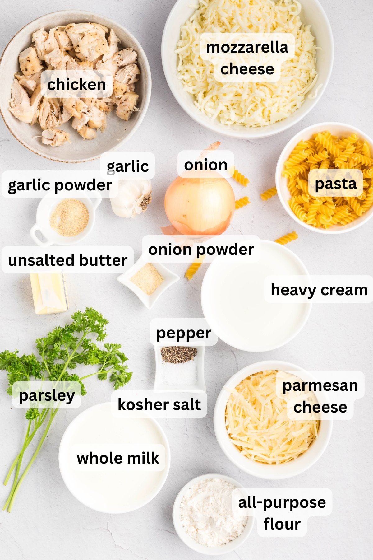 Ingredients to make this pasta bake on a table.