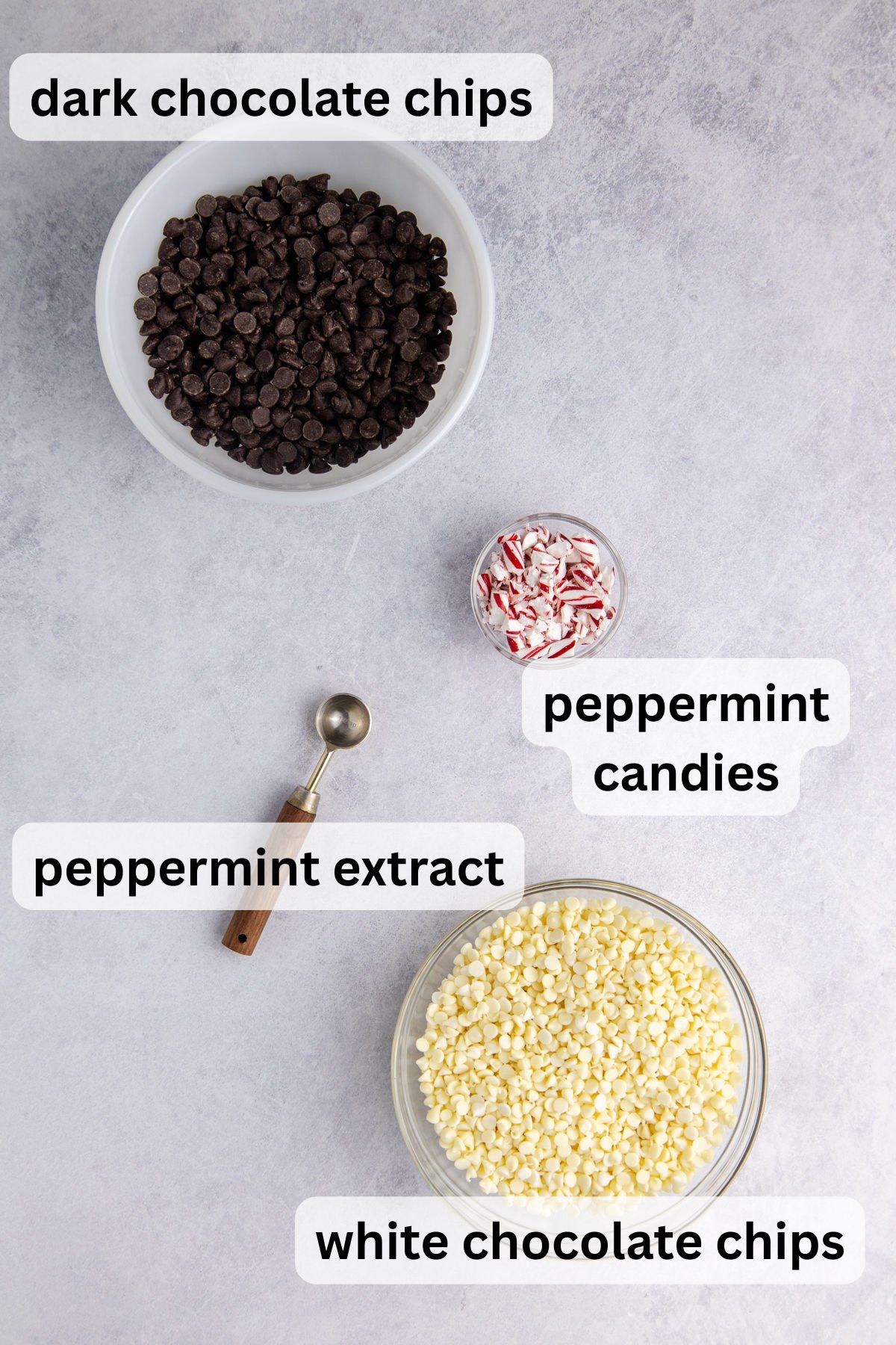 Ingredients to make this bark in bowls on a table.
