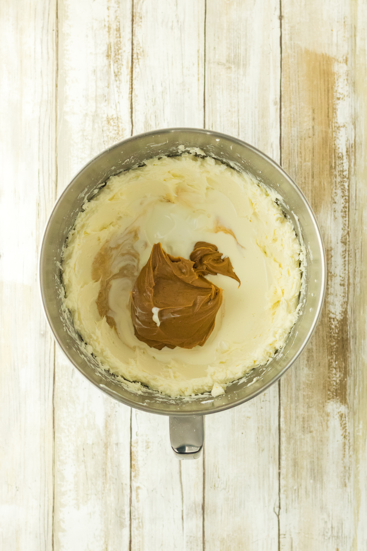 The filling ingredients mixed into the butter and sugar.