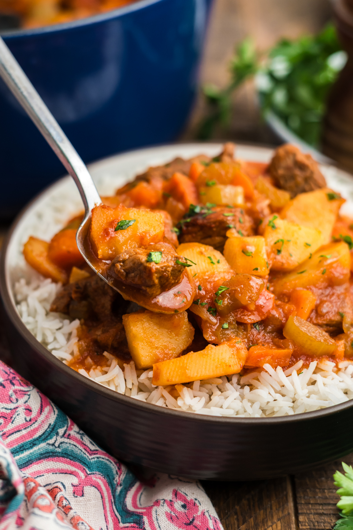 A spoon scooping some Hawaiian stew out of the plate.